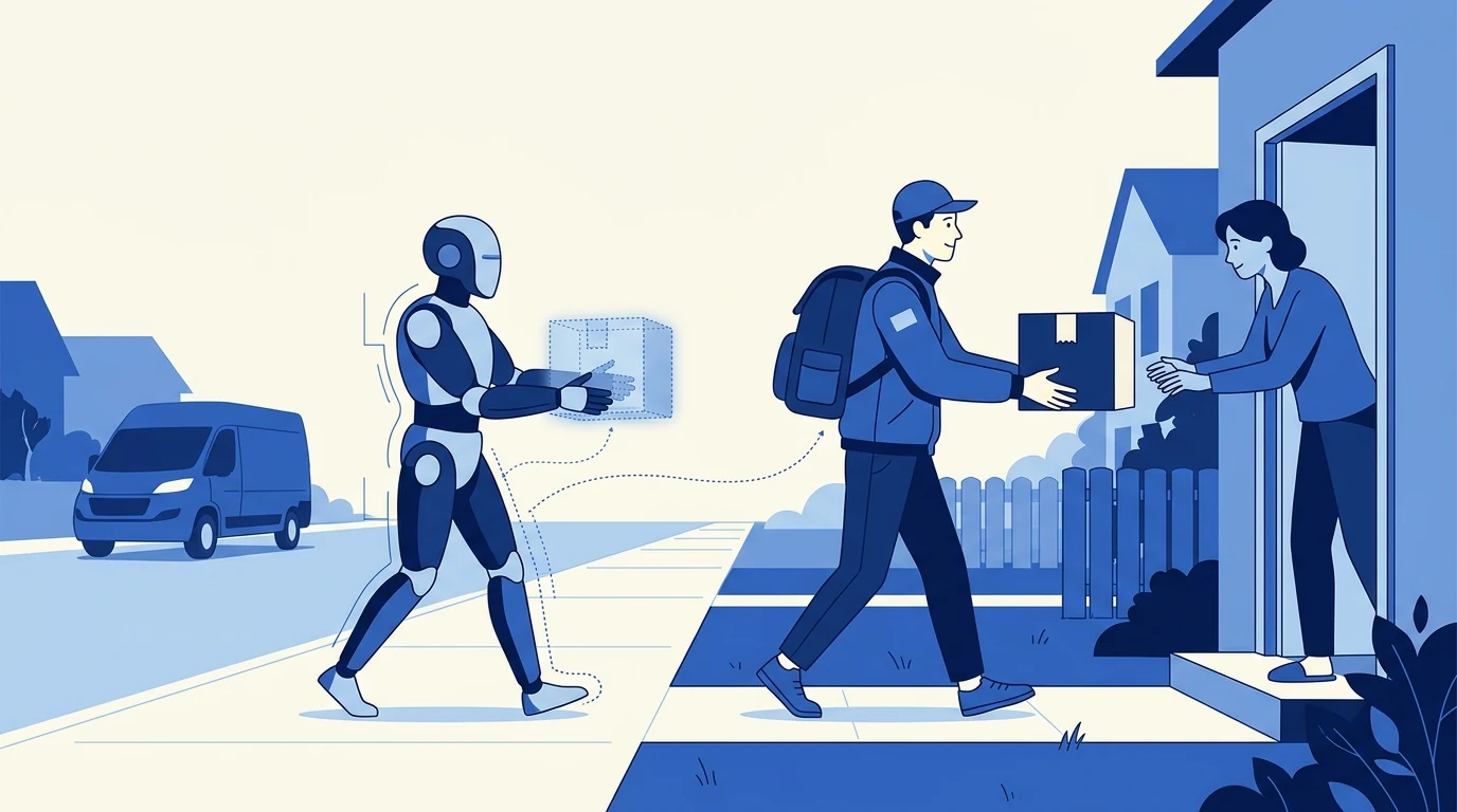 A robot rehearses a delivery with a translucent parcel while a human courier handles the real delivery.